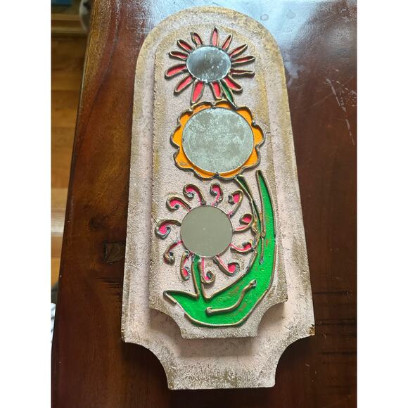 Vintage Folk Art Mirror Wooden Art pink flowers Painted Mirror - Picture 7 of 12